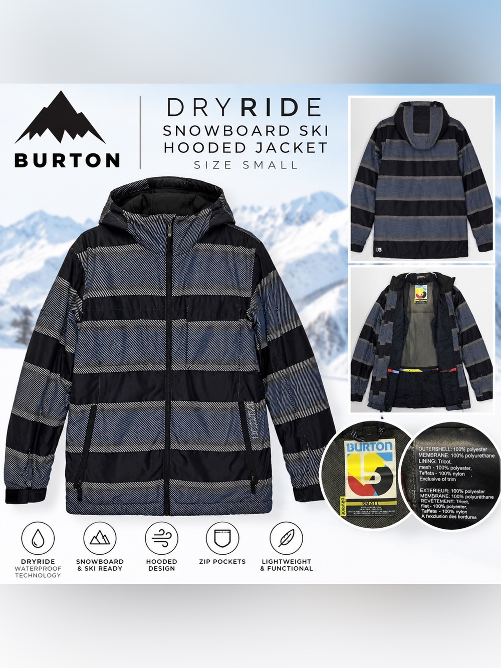 BURTON Dryride Snowboard Ski Hooded Jacket Black Gray Size Small